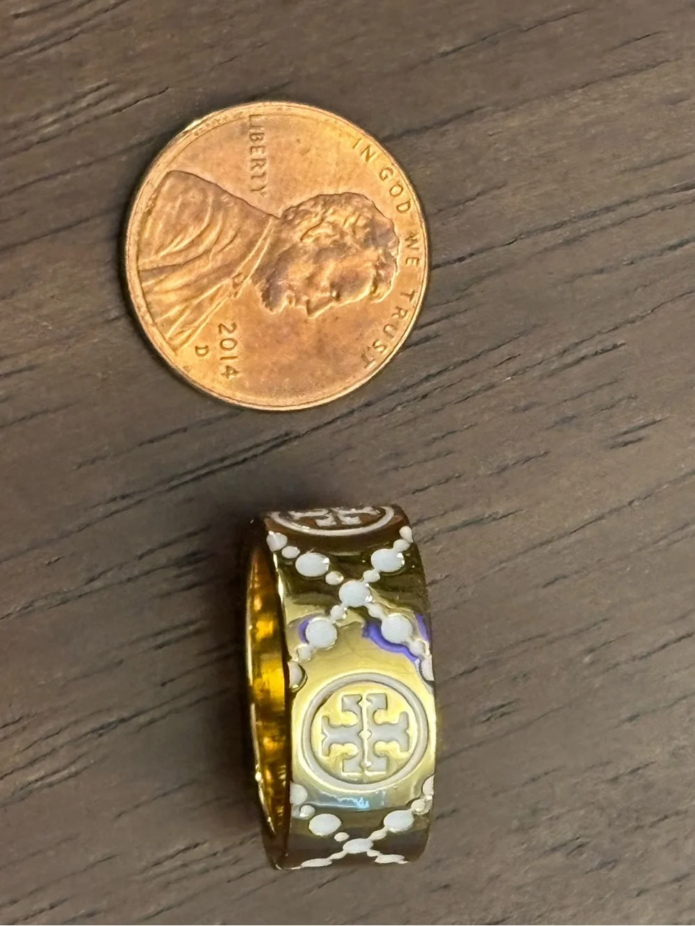 Tory Burch Gold plated Ring with White Enamel Logo Accents